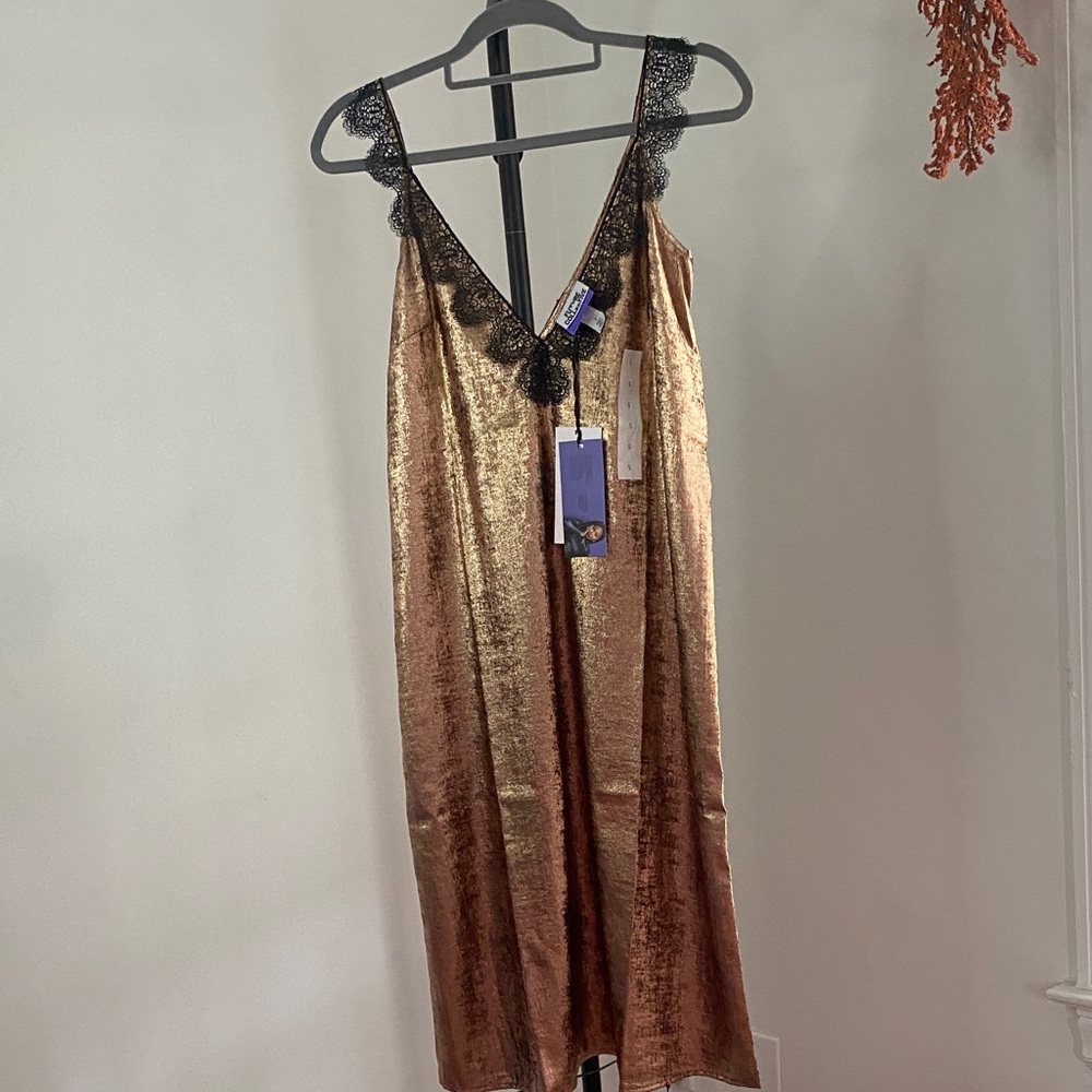 Luxurious Bronze Slip Dress with Lace Accents